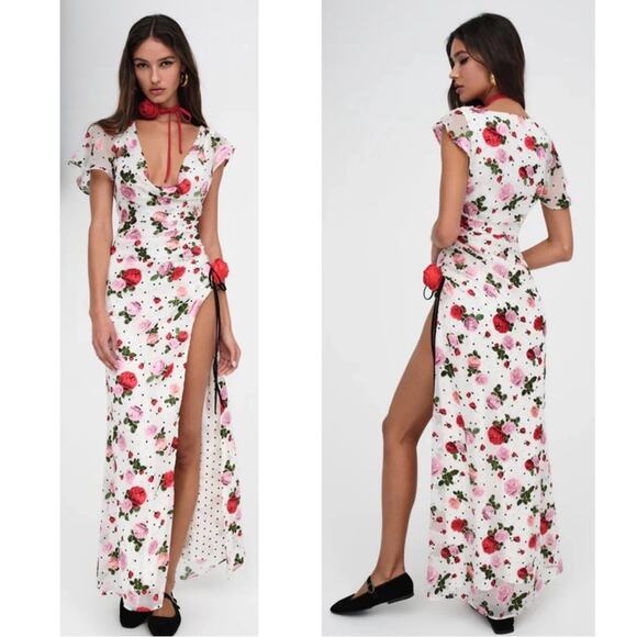 For Love & Lemons Maybelle Floral Polkadot Rosette White Maxi Dress Size L - Picture 3 of 10